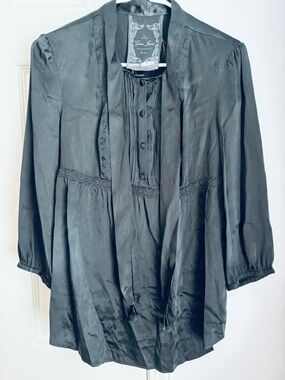 Guess Black Satin-Trim Button Blouse